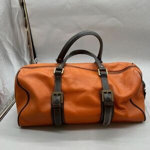 Gently Used Adrienne Vittadini Orange and Tobacco Brown Leather Satchel Handbag